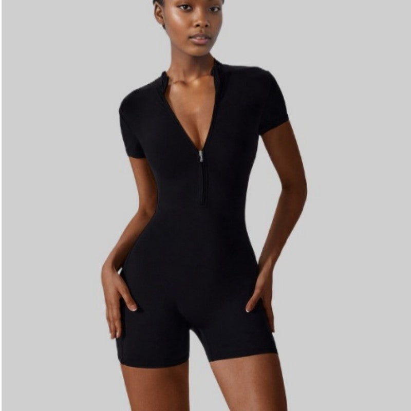 Chic Short Sleeve Yoga Romper | Sculpting Fit & Elegant Flow